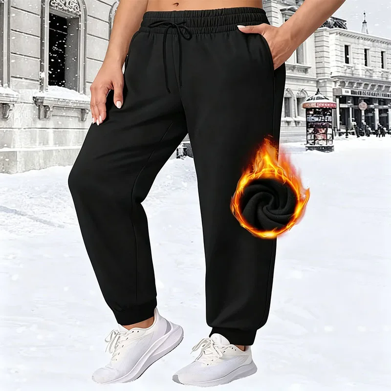 Winter Fleece Lined Harem Pants Women All-Match Casual Black Pocket Sports Jogger Pants Drawstring Waist Warm Thermal Sweatpants