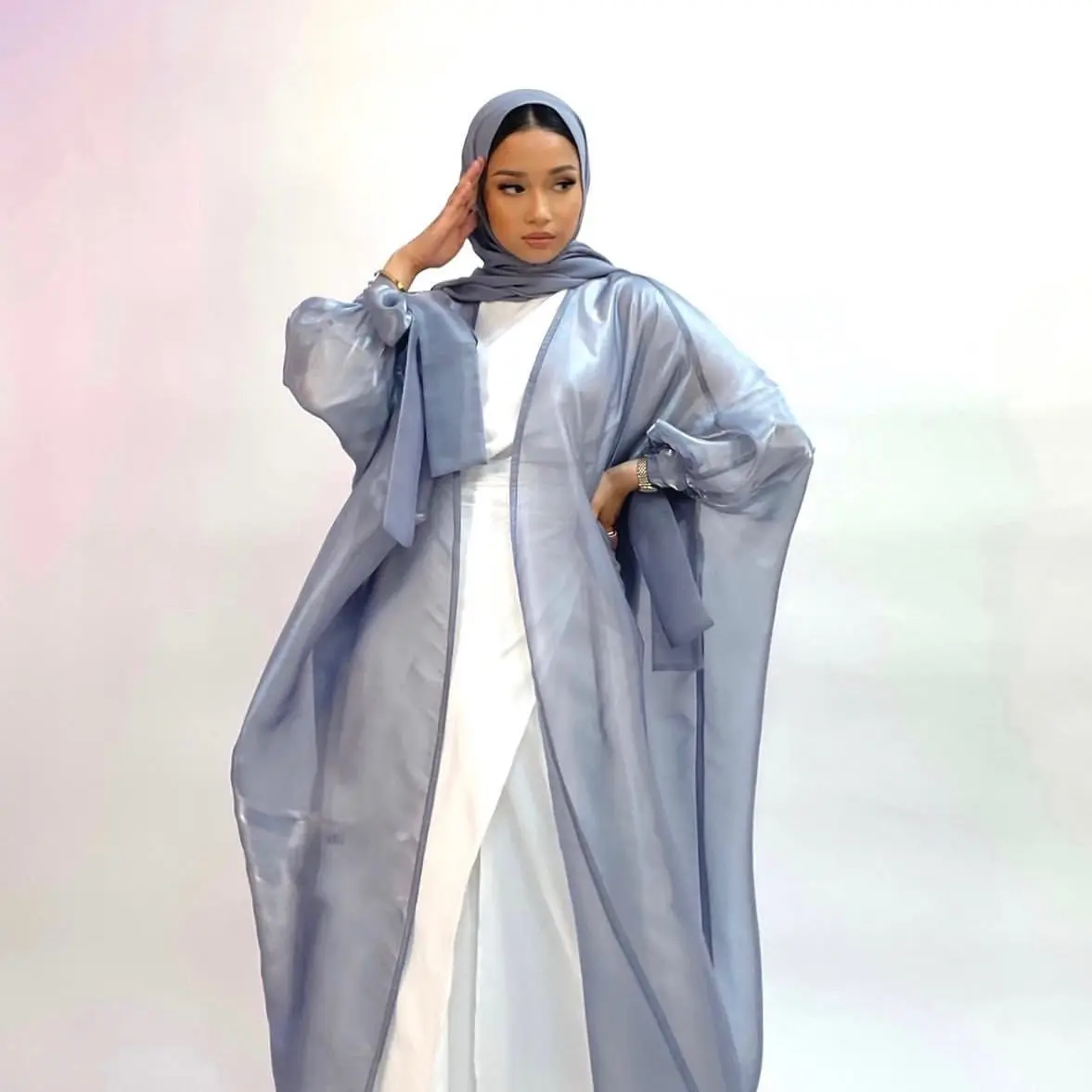 Imagem -04 - Abertas Abaya Quimono Brilhante Cetim Abayas para Mulheres Dubai Turquia Novo Verão Manga Bolha Muçulmano Hijab Vestido Islam Kaftan 11 Cores