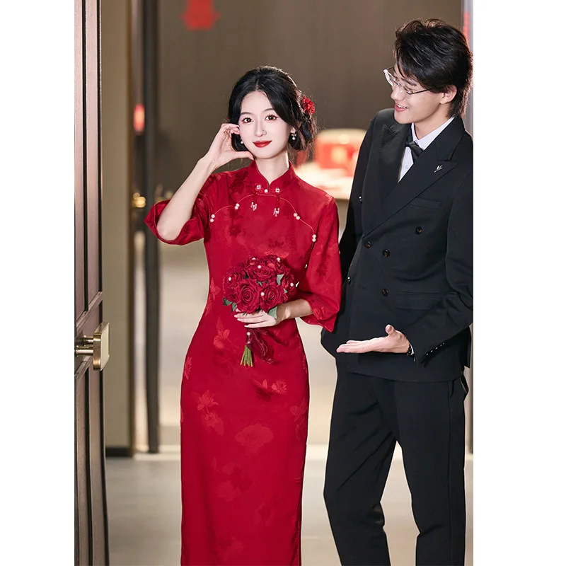 

Платье Cheongsam Toast для невесты, новинка 2025, красное обручальное платье, китайское свадебное платье Cheongsam с длинными рукавами