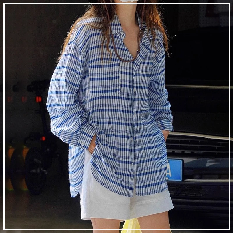 2024 Summer Autumn French Unique Delicate Retro Style Lazy and Lazy Sunscreen Stripe Long Sleeved Loose Fitting Women's Shirts