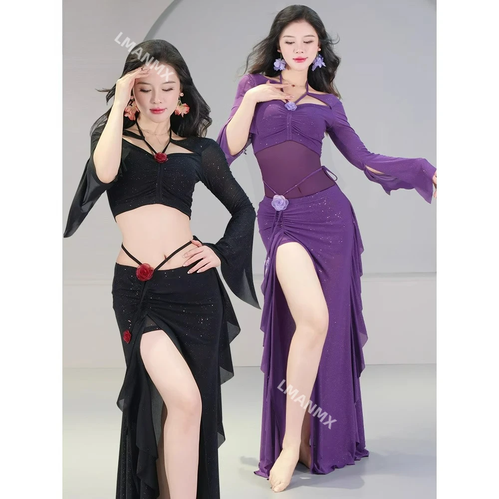 

2025 New Performance Dress Oriental Dance Dress Mesh Belly Cover Set Autumn/Winter Women