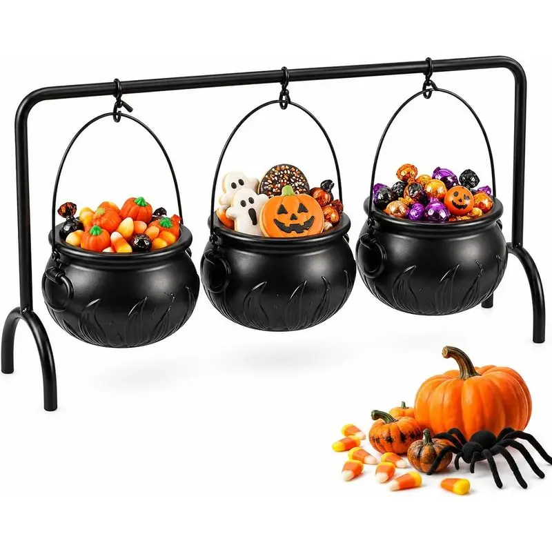 Halloween Cauldron Snack Rack Candy Bowl Display Set Black Witch Pot Hanging Stand Party Table Decor Treat Organizer