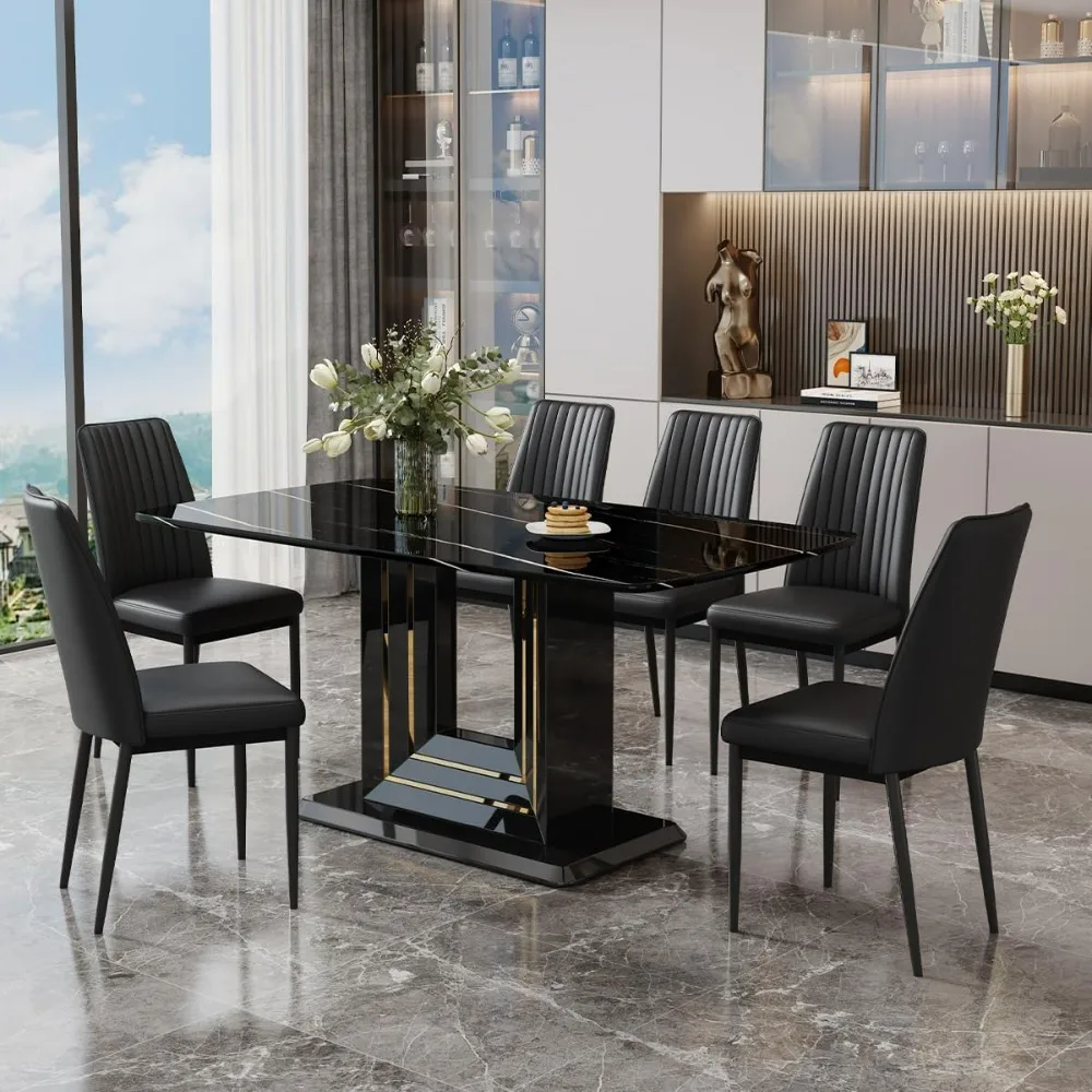 

Dining Table Set for 6, Table and Chairs for 6, Black Faux Marble Pattern Table with 6 Dining Chairs Suitable for Kitchen Sets