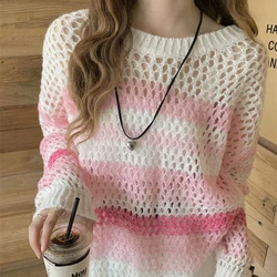 Pink Long Sleeve T-shirt Women Summer Thin Section Hollow Ice Silk Knit Sunscreen Coverall Korean Loose Tops Rainbow Stripes