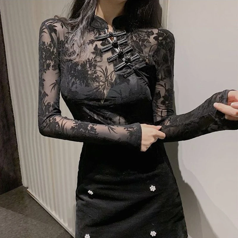2026 Fashion Lace See Through Shirts and Blouses Summer Woman Long Sleeve Slim Korean Turtleneck Black Sexy Tops for Women Y2k