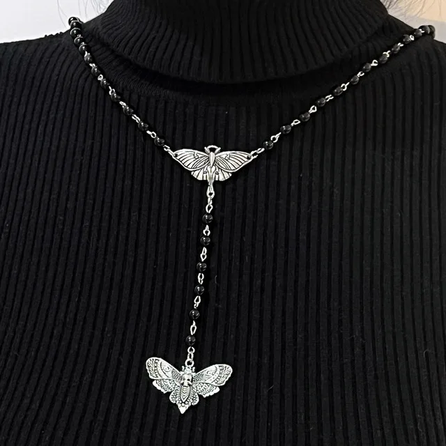 Rosary Vintage Moth Charm Long Necklace for Men Women Fishion Witch Pagan Jewelry Accessories Gift Gothic Art Skull Moth Choker