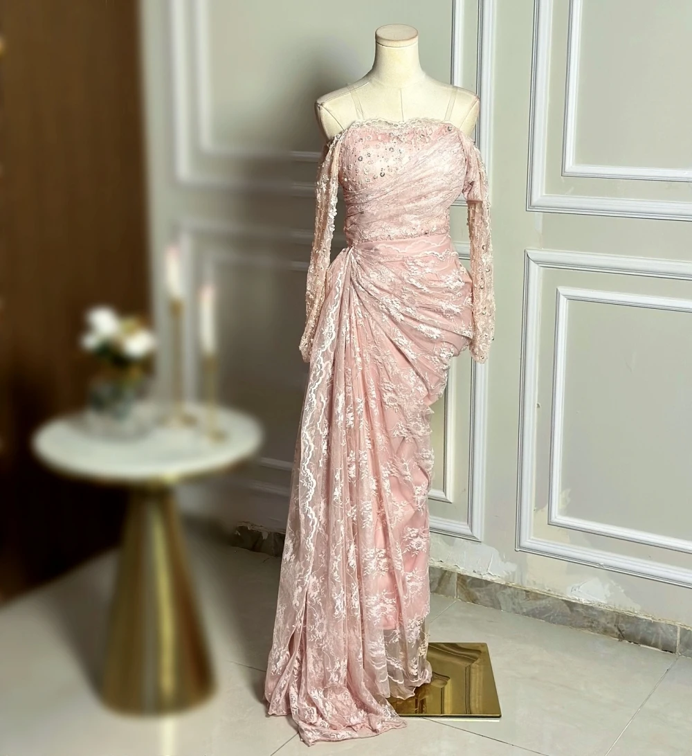 

Вечернее платье по индивидуальному заказу, кружевное плиссированное платье-футляр с открытыми плечами, длинные платья, блестящие элегантные вечерние свадебные платья на заказ