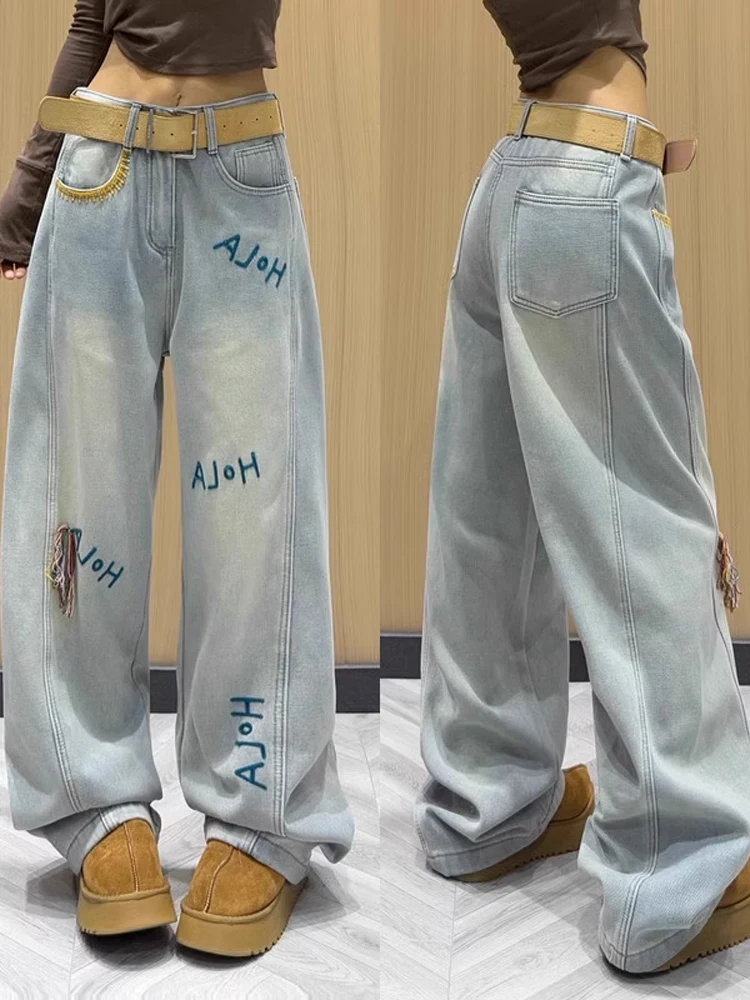 

American Sle Light Blue Men's Jeans Loose Wide Leg Pants Embroidered Lettering Unique Design High Waist Slimming Floor-Length