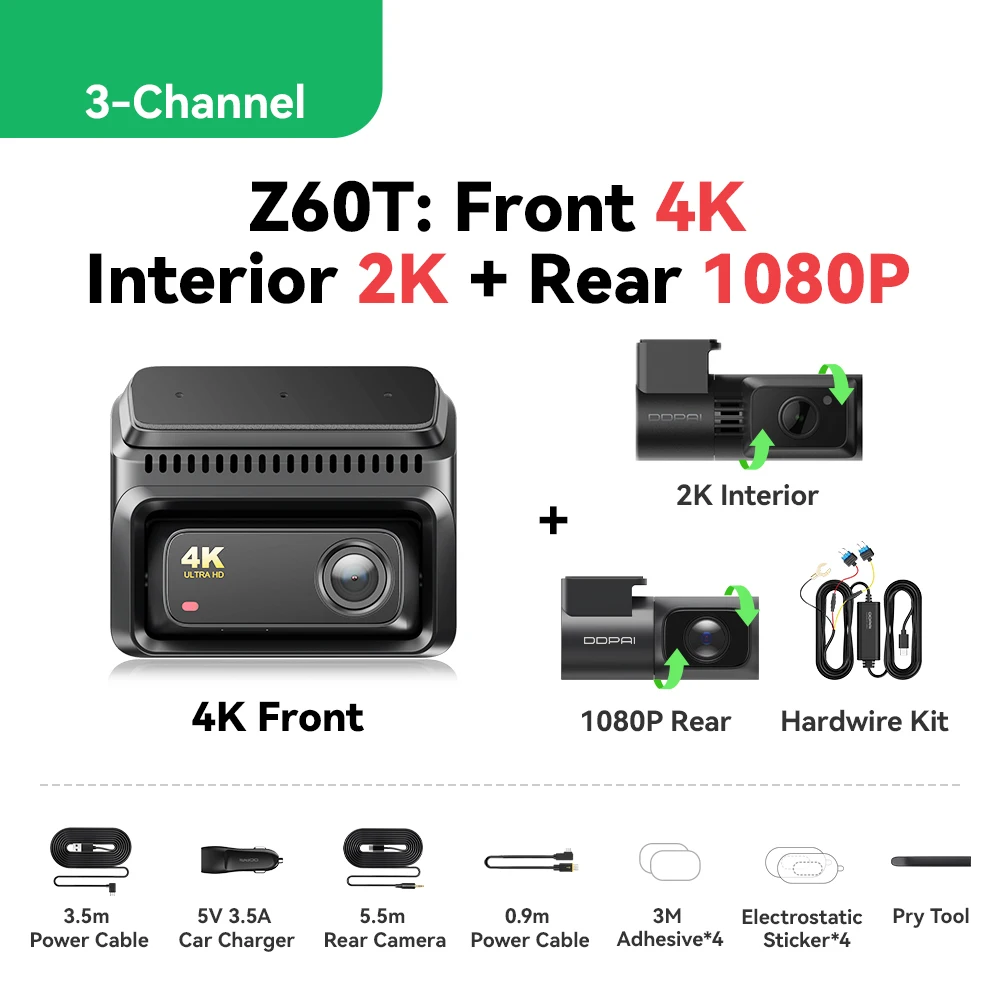 DDPAI Z60T Dashcam 3-kanaals HDR Front 4K Achter 2K Interieur 1080P Nachtzicht ADAS GPS WiFi 6 24-uurs parkeerbewaking Auto DVR