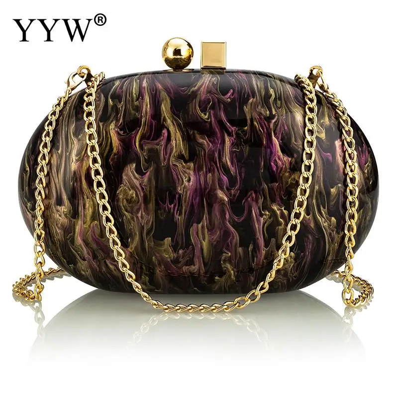 Fashion Oval Acrylic Clutch Handbag Colorful Marble Women Wedding Party Evening Hard Bag Metal Chain Crossbody Messenger Purse