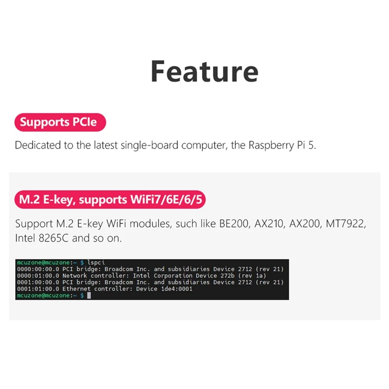 MPW7A For Raspberry Pi 5 PCIE To M.2 E-Key Wifi7 Module BE200 Support Google TPU/Wif6e AX210/AX200 Adapter Board