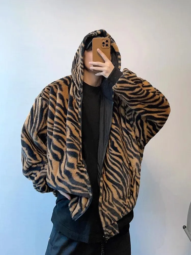 

Мужская модная осенне-зимняя утепленная двусторонняя куртка из хлопка с капюшоном, с узором под кроличий мех, очень большого размера (300 Pou), тигровый принт