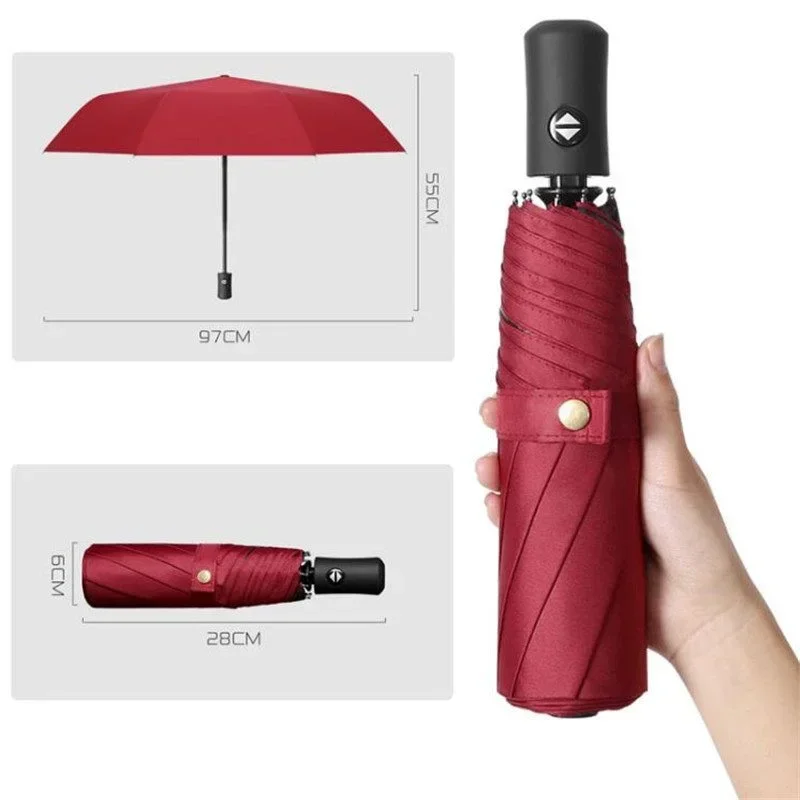 Automatic Folding Umbrella, Windproof Three-Fold Sunny & Rain Umbrella for Men & Women, Solid Color Travel & Business