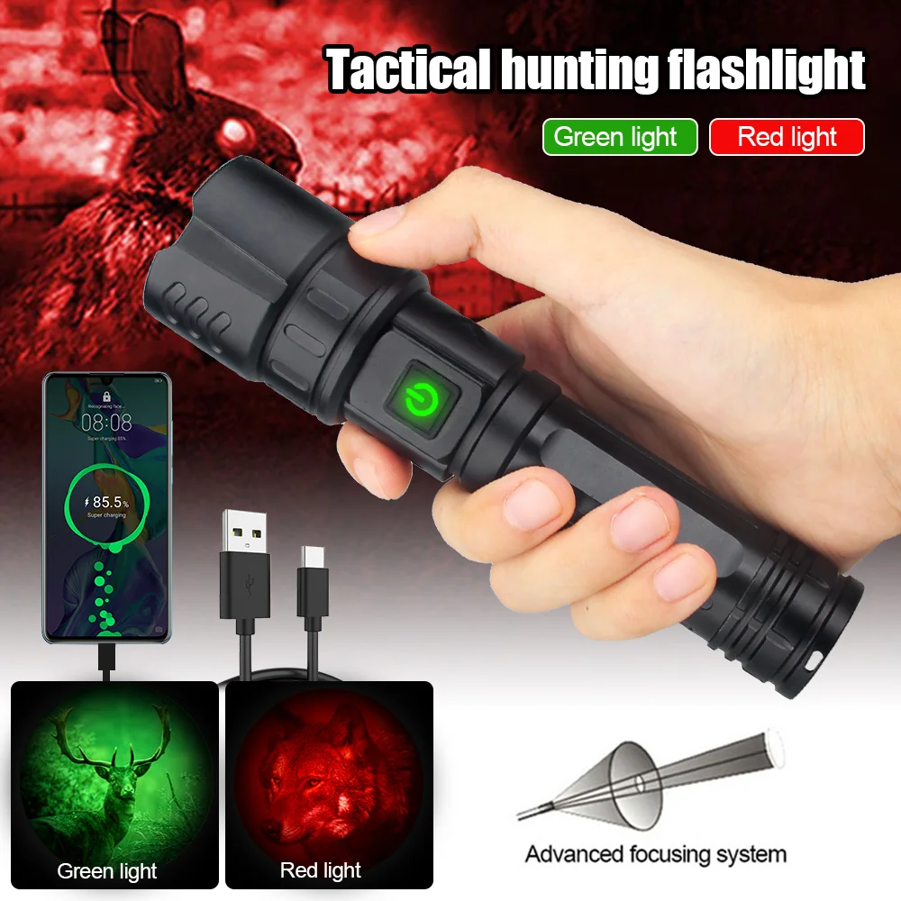 Linterna táctica LED verde/roja para caza, lámpara con zoom, 5 modos, tipo C, luces de arma de carga rápida para Detector al aire libre