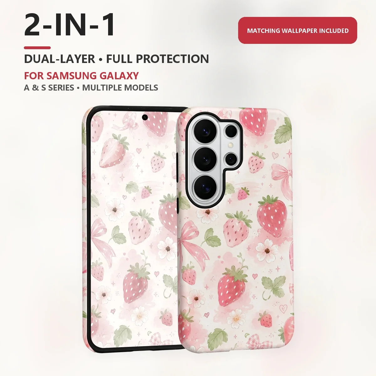 Strawberry Pattern 2-in-1 Dual-Layer Phone Case for Samsung Galaxy S26 S25 S24 S23 S22 S21 Plus Ultra FE S20 FE A56 A17 A16 A15