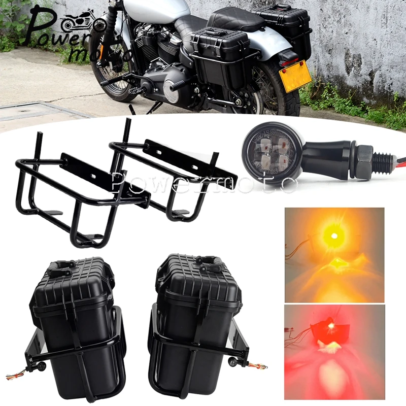 Motorcycle Saddlebag Conversion Brackets Side Box W/LED Taillight Turn Signal Lamp For Harley Softail Fat Boy Street Bob 18-22