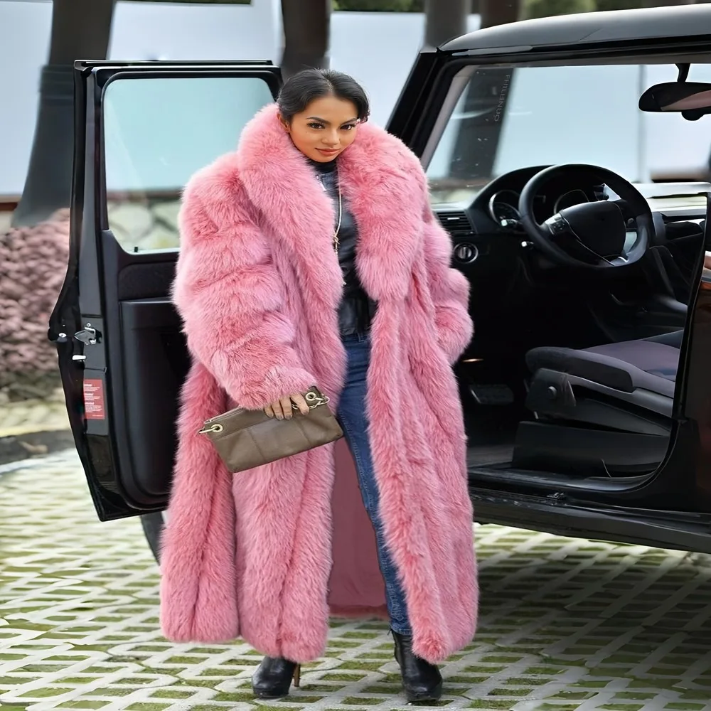 BFFUR Women Fox Fur Coat Long Solid Color Lapel Collar Pockets Warm Thick Winter Fall Casual Commute Fashion Outerwear