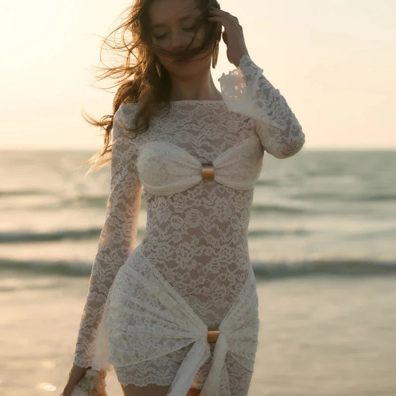 فستان قصير أنيق برقبة دائرية وأكمام طويلة من الدانتيل شفاف للنساء لحفلات الخريف والعطلات على الشاطئ ومظهر مثير للسهرة والتاريخ #2