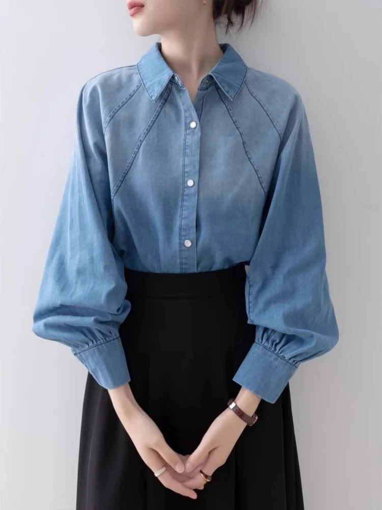 Retro Hong Kong Style Loose Fit Long Sleeve Light Blue Denim Shirt Women's Autumn Fashion New Style Youthful Small Size Top