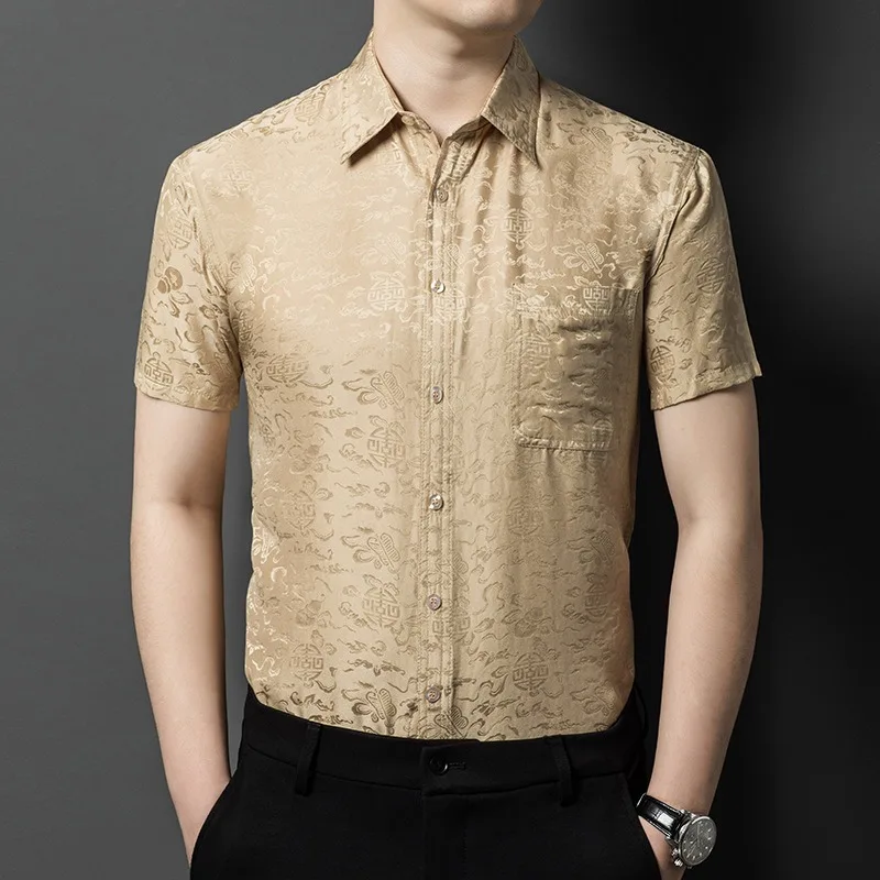 100% Mulberry Silk Shirts for Man Summer Business Casual Comfortable Breathable Short Sleeve Tops High End Breast Pockets Shirts