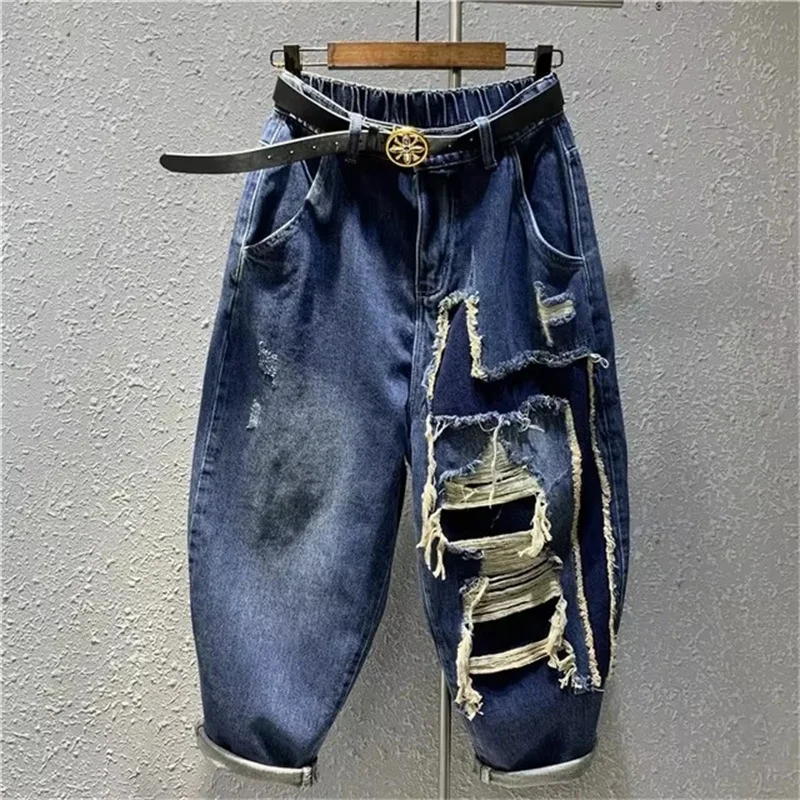 Spring Summer Splicing Contrasting Colors Temperament Women\'s Loose Jeans Self Cultivation High Waisted Hole Ladies Trousers