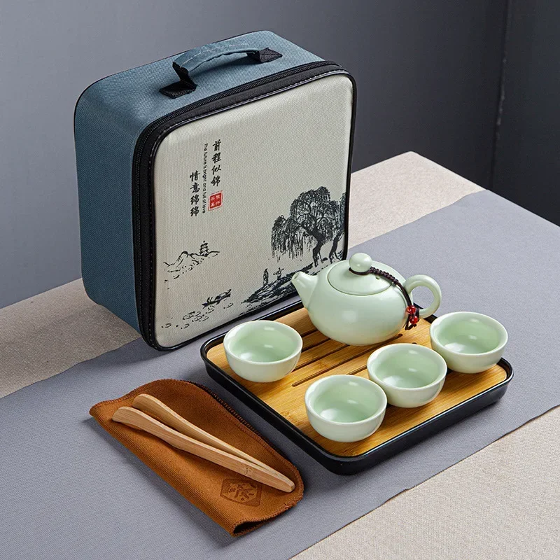 Chinese Kung Fu Teaset Ceramic Portable Teapot Set Outdoor Travel Gaiwan Tea Cups of Tea Ceremony Teacup with Tote Bag Fine Gift