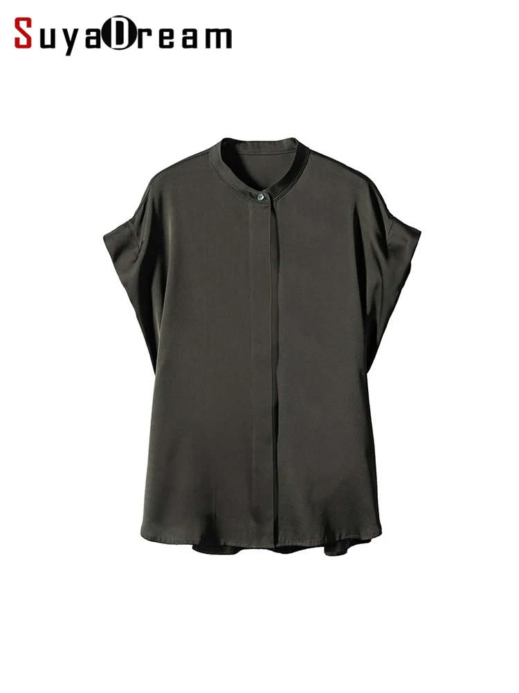 SuyaDream Woman Dress Shirts 23MM 93%Silk 7%Spandex Basic Solid Bat Sleeved Chic Blouse Shirt 2022 Spring Summer Top Black