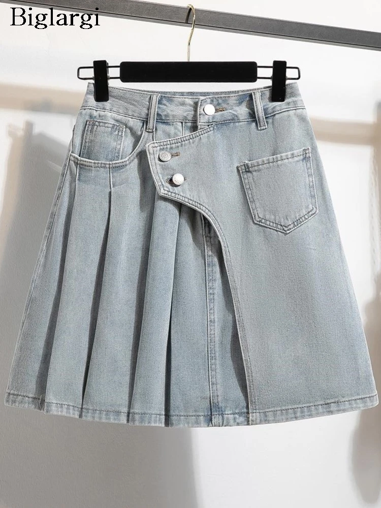 

Denim Plus Size Summer A-Line Mini Skirts Women Irregular Patchwork Fashion Ruffle Pleated Ladies Skirts High Waist Woman Skirts