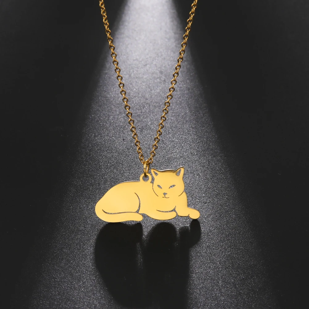 New Fashion Crouching Cat Pendant Necklace for Women Stainless Steel Gold Silver Color Choker Necklace Jewelry Gift Wholesale