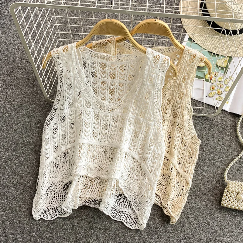 Lace Knitted Vest Women'S Early Spring ShortVCollar Clip Flower Hollow Out All-Matching Smock Loose Sleeveless Top