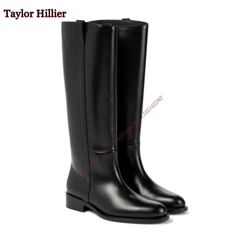 Black Round Toe Slip-On Women\'S Boots Patent Leather Thick Heel Flat Knee-High Boots Fashionable Luxury Comfortable Winter Boots