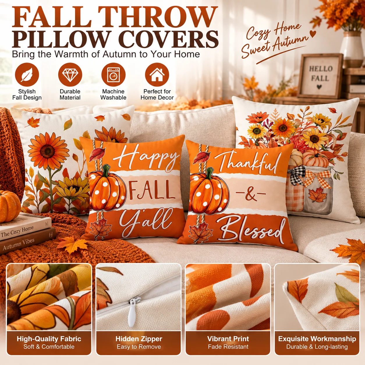 Pumpkin Design Fall Thanksgiving Pillow Covers 4 Pack Linen Cushion Cases Happy Autumn Holiday Home Sofa Decor