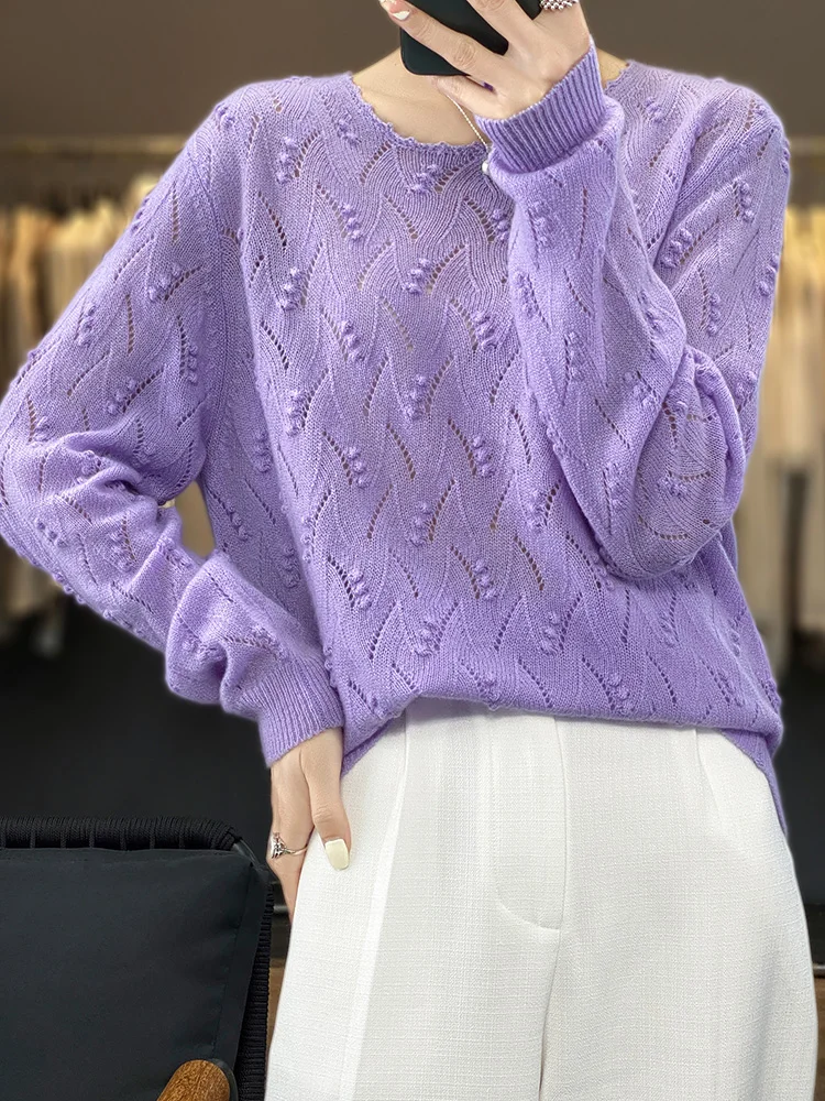 Women Sweater Hollow Out O-neck Pullover 100% Merino Wool Knitwear Vintage Loose Twist Flower Cashmere Spring Autumn Female Tops