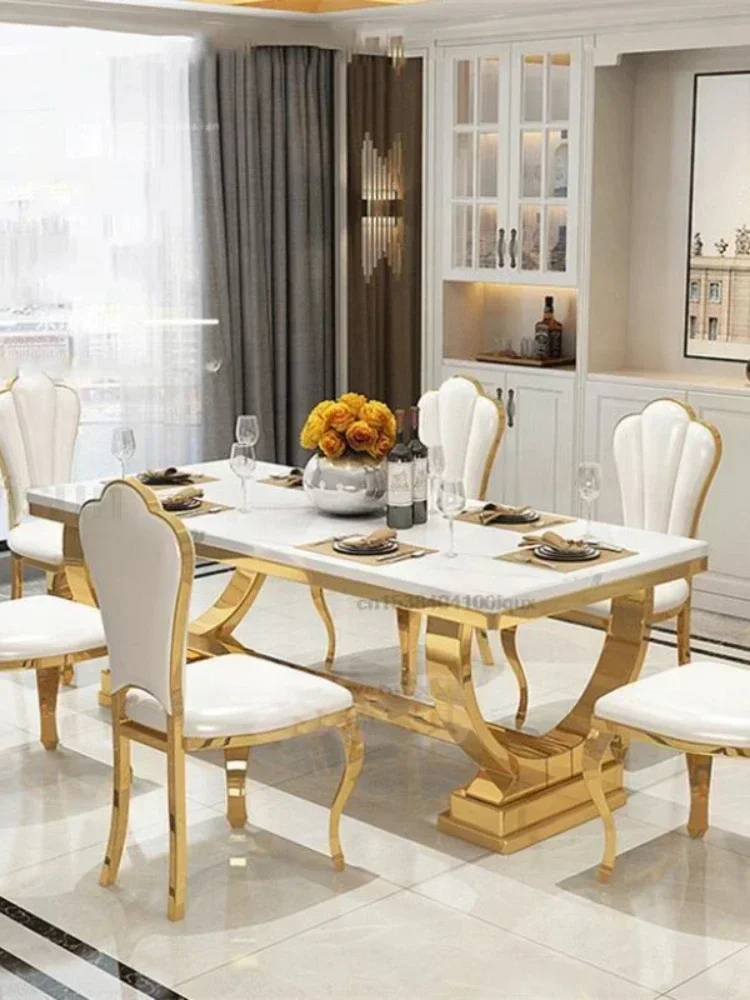 Luxury Kitchen Table With Marble Rectangle Stable Gold Plated Stainless Steel Frame Hotel Dinner Dining Table And Chairs