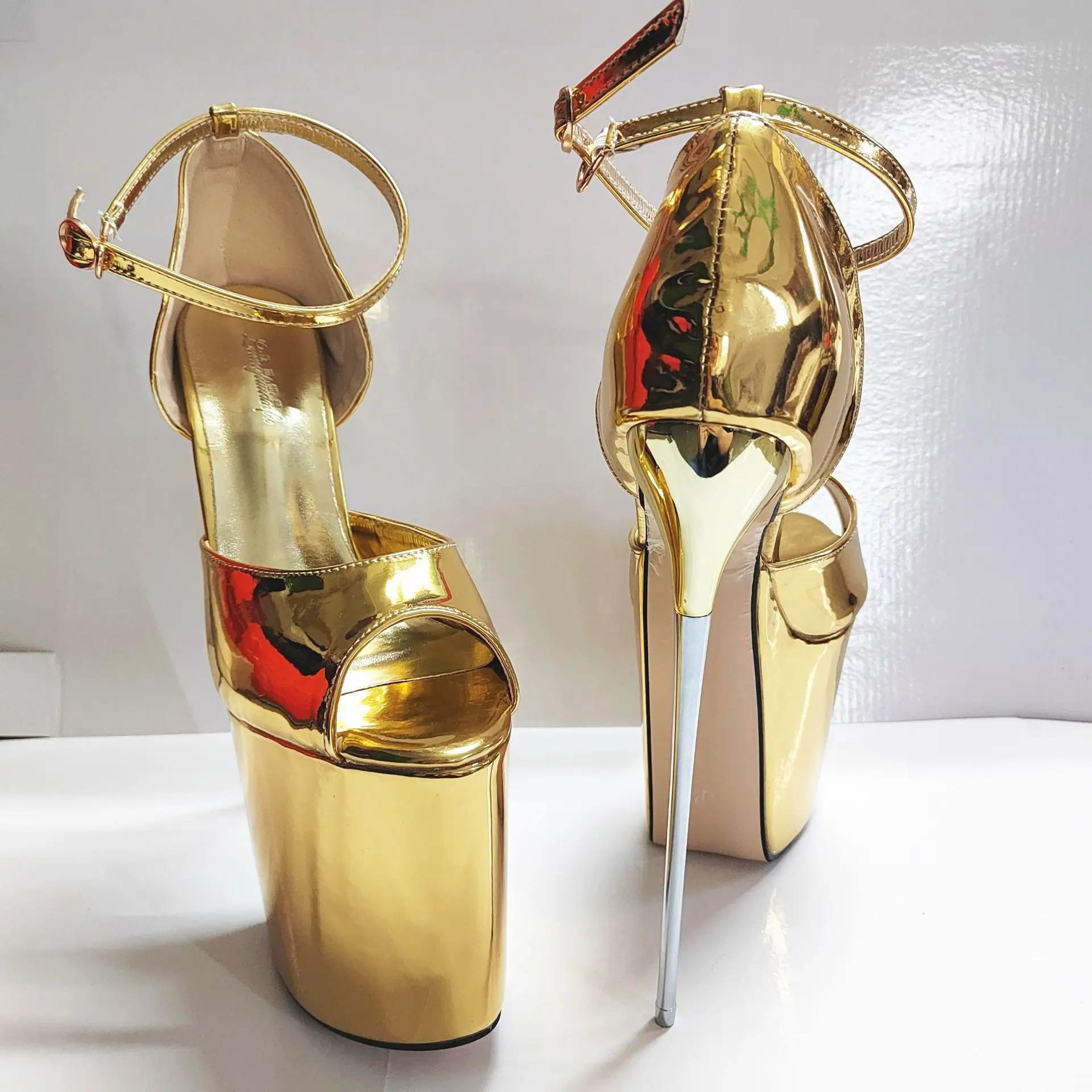 

22Cm Steel Heel Women's Sandals Summer Golden Super High-Heels Gladiator Platform Peep Toe Shoes Large Size Cosplay Dance Shoes