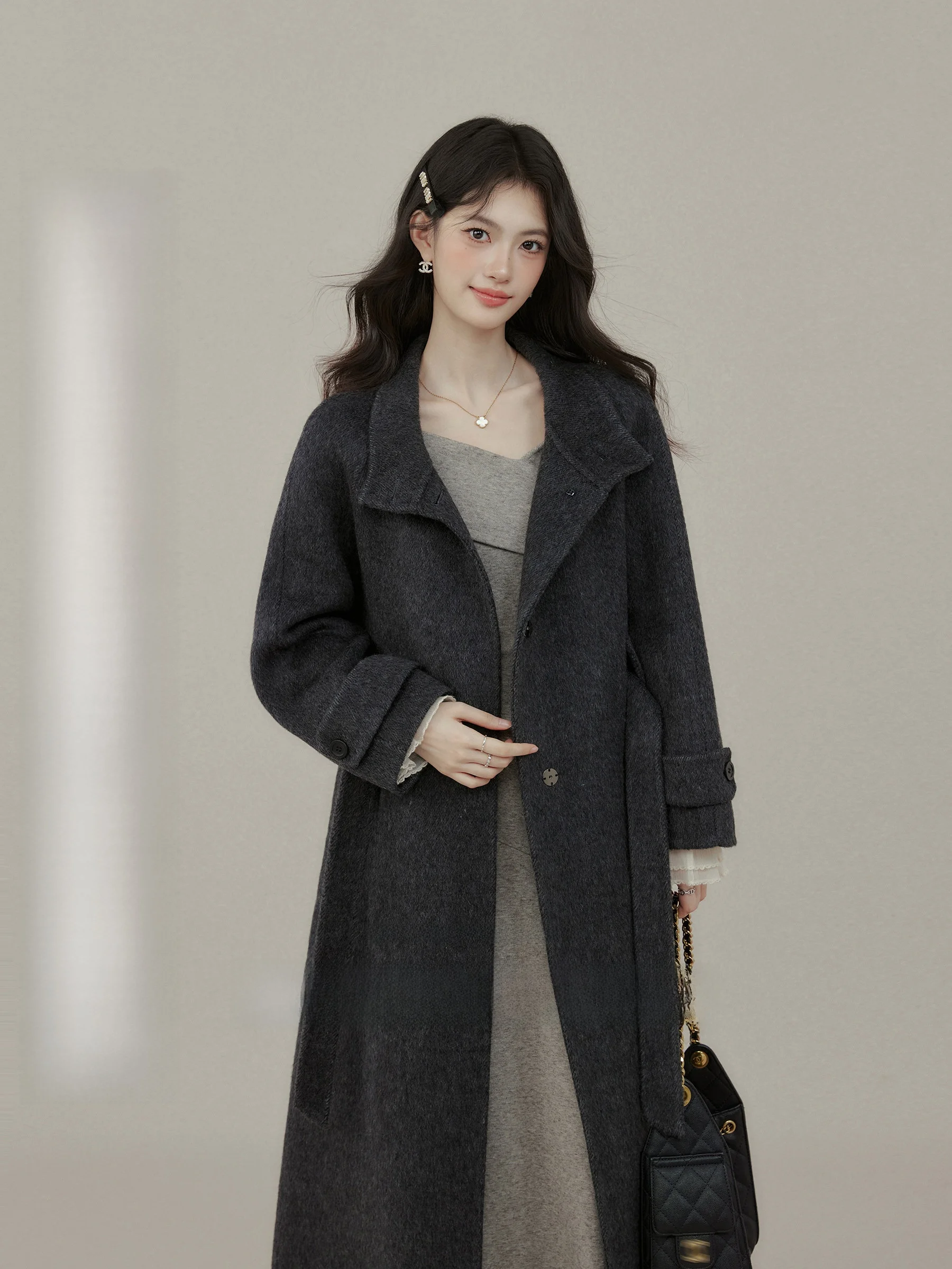 

Mausoleum Creator plus Size Women's Woolen Coat Deep ey Trench Coat Winter Outerwear Ele Fro for Plump Ladies