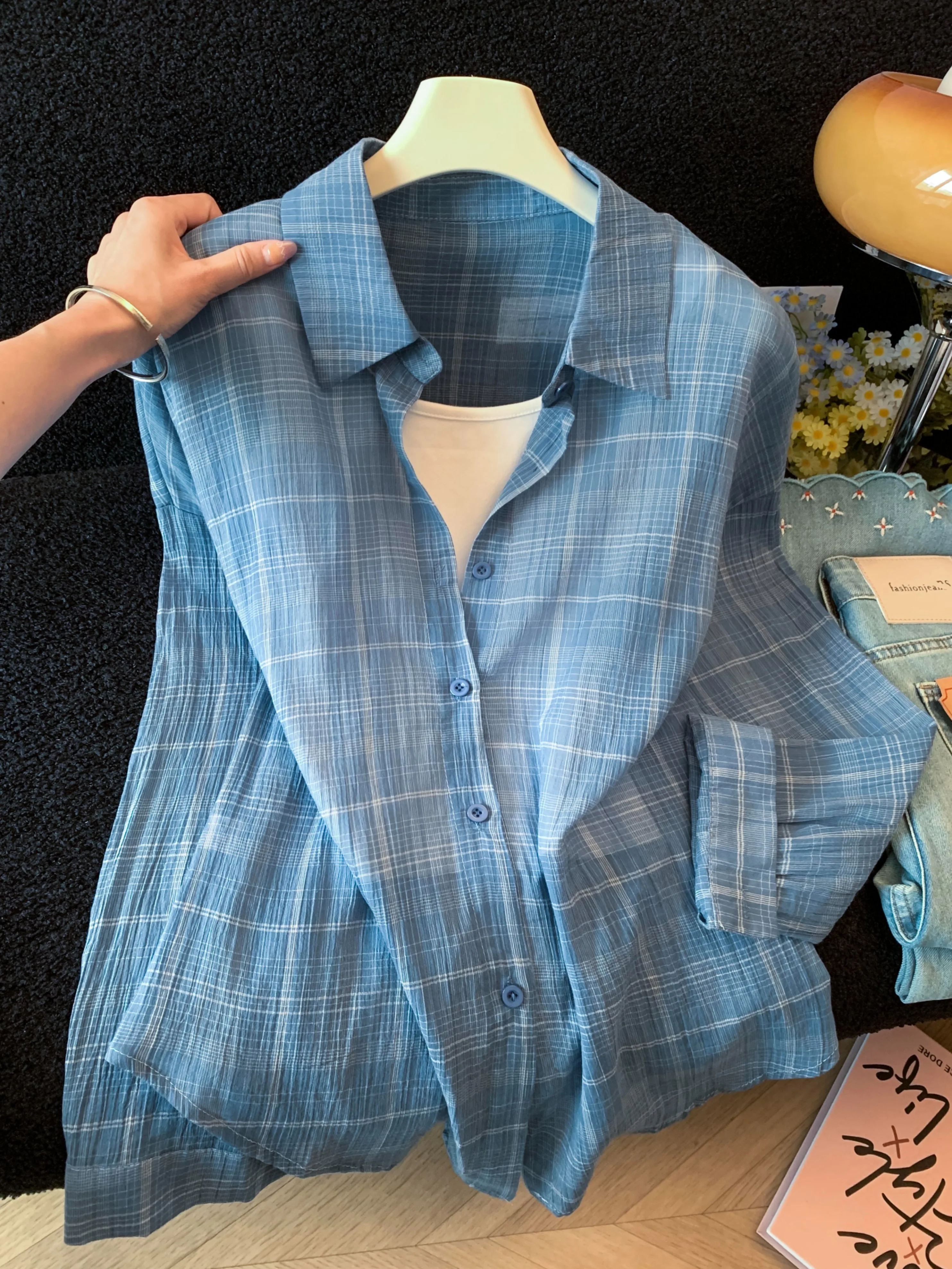 White Striped  Collar Long Sleeve Women's Shirt Vest Set Korean Style Commute Loose Fit Button up Summer Outfit