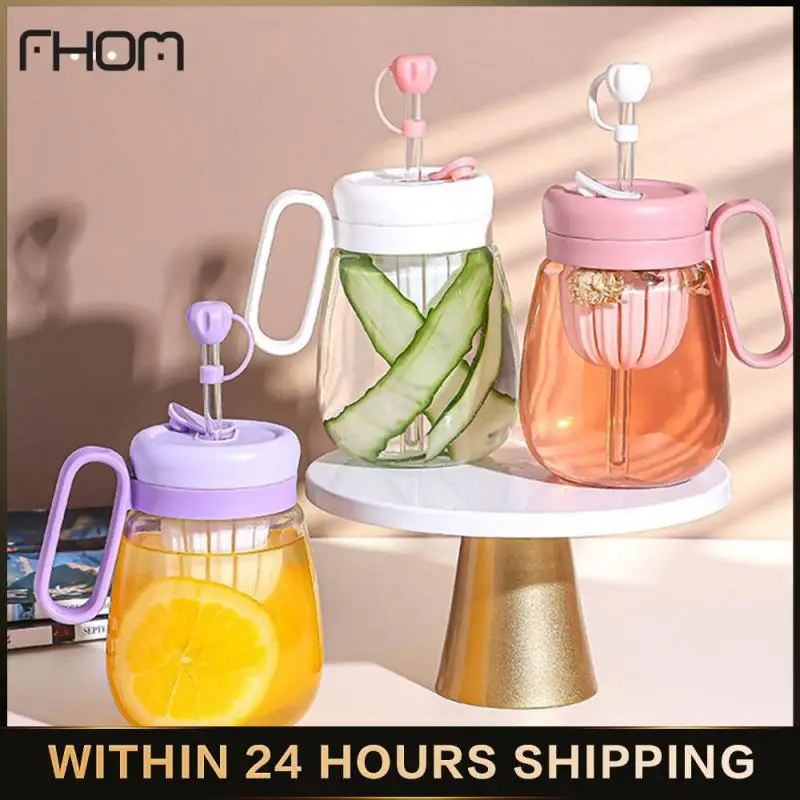 New Large-capacity Glass Water Cup Floral Tea Cup Tea Water Separation Cup Cute Big Belly Straw Cup Office 500ml Drinkware