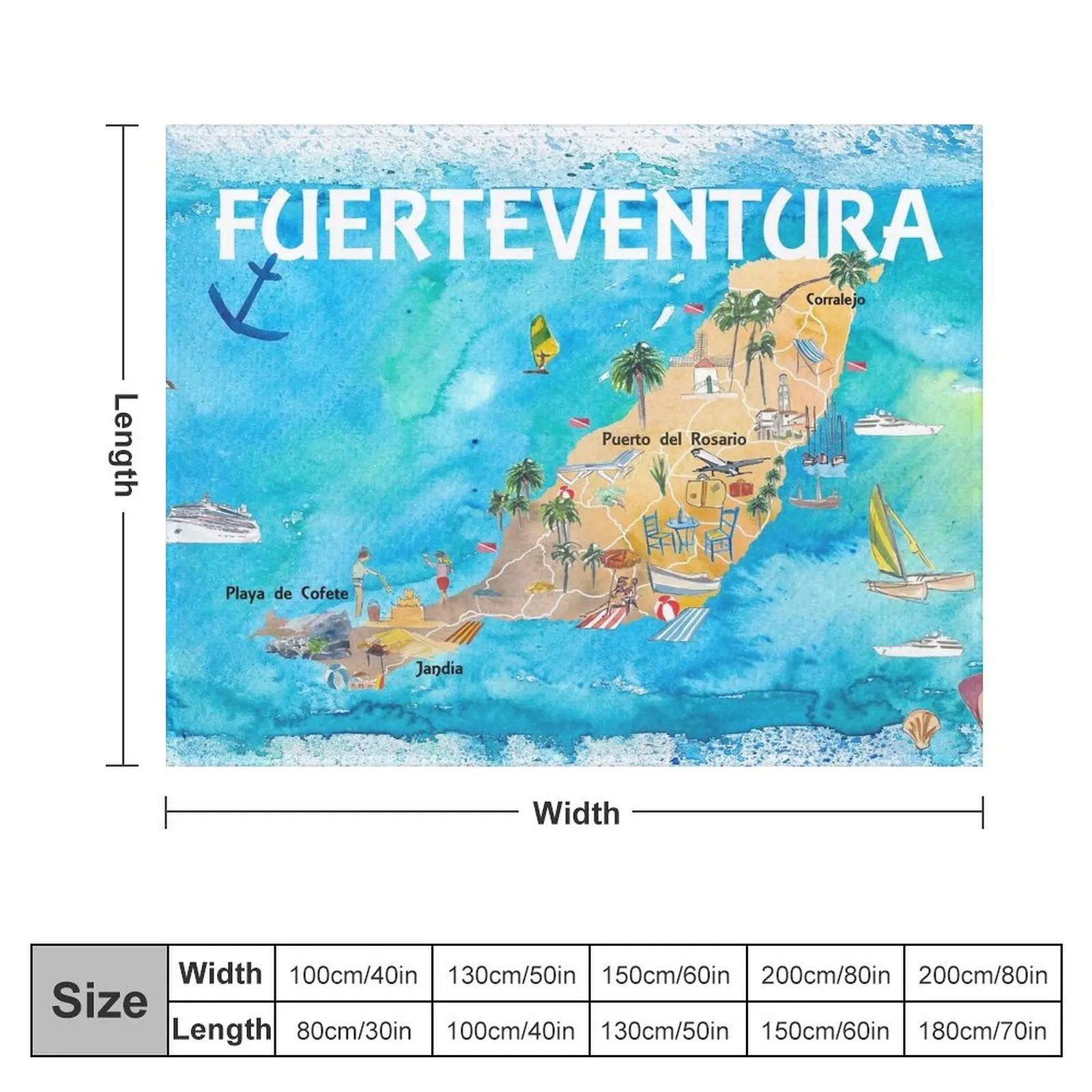 Fuerteventura Canarias Spain Illustrated Map with Landmarks and Highlights Throw Blanket Cute Plaid for sofa Blankets