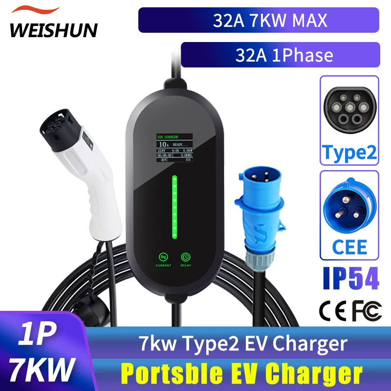 

Портативное зарядное устройство для электромобилей мощностью 7 кВт, тип 2, зарядное устройство для электромобиля, 32 А, 1 фаза, быстрая зарядка, настенная коробка, зарядная станция для электромобилей.