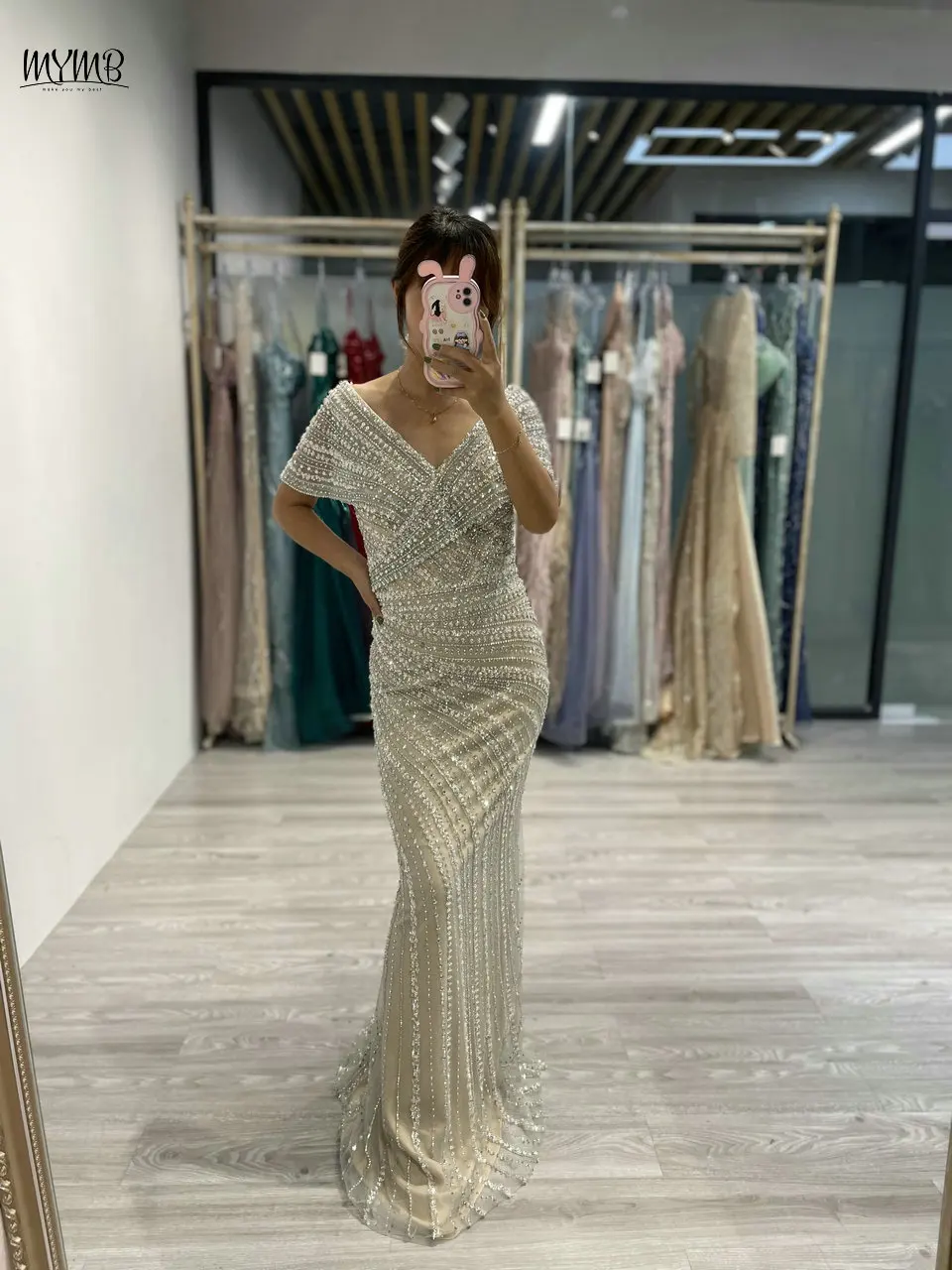 

MYMB Champagne Luxury Beaded Mermaid Tulle Gowns for Women Party 2024 Arabic Sexy V-Neck Crystal Handmade Fitted Evening Dress