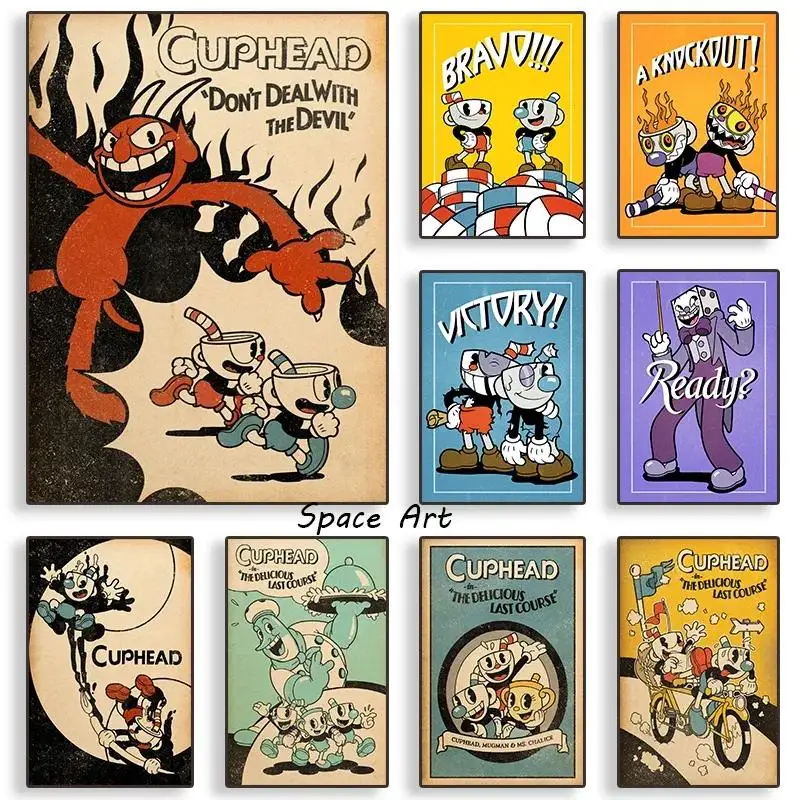 Póster de arte de pared de lona HD con personajes de dibujos animados de Cuphead Vintage para sala de estar, decoración de dormitorio, diseño de Anime de juego Retro clásico