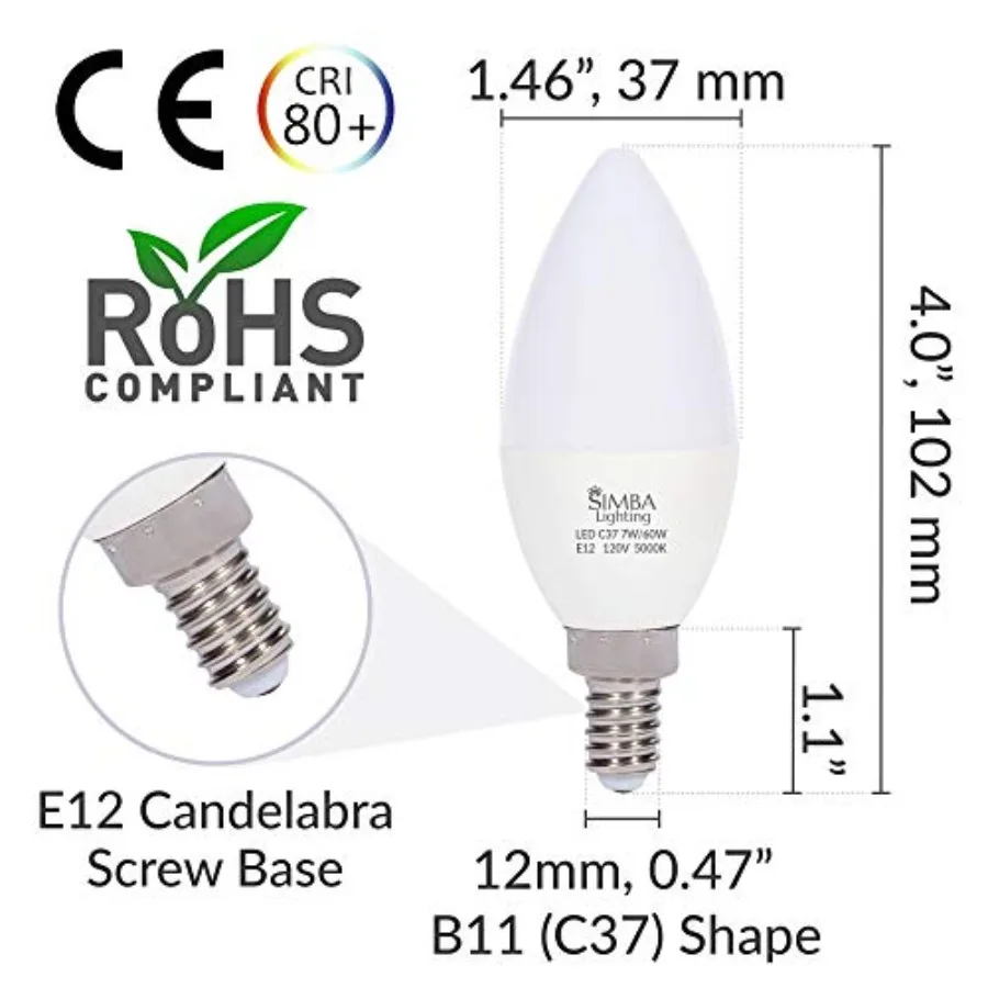 LED Candelabra Light Bulbs B11 C37 Candle Shape E12 Base (6 Pack) Decorative 7W 60W Replacement 110V, 120V for Chandelier, Ceil