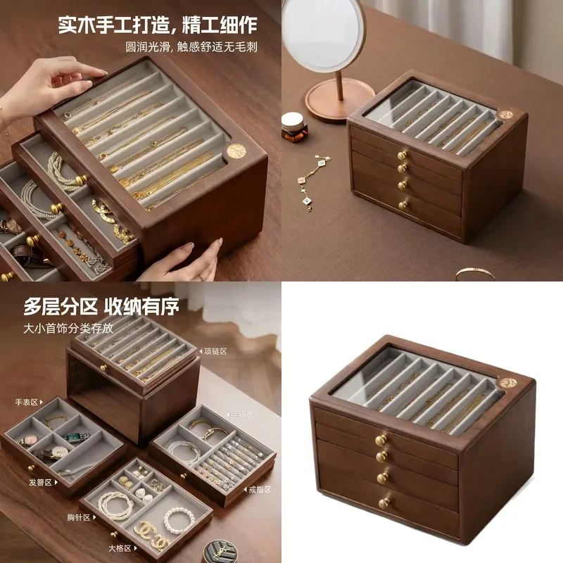 for Necklace Ring Earrings Bracelet Multifunctional Jewelry Storage Box Retro Solid Wood Multi-layer Large Capacity Visual