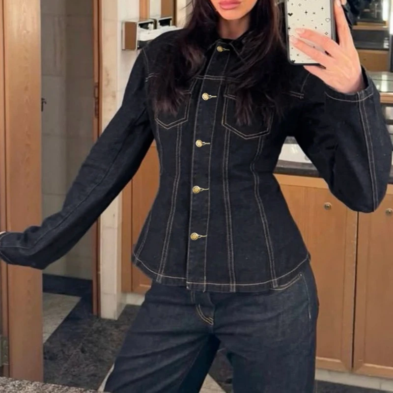 

Streetwear Vintage Denim Jackets Harajuku Turn Down Collar Casual Slim Fit Coat Y2k Aesthetic Single Breasted Grunge Outwear