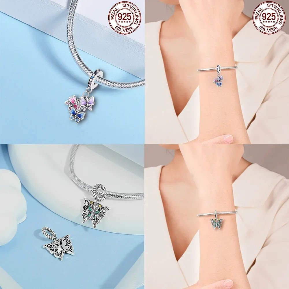 

Exquisite 925 Sterling Silver Glittering Colorful Butterflies Beads Charms Fit Original Bracelet Women Necklace Jewelry Gift