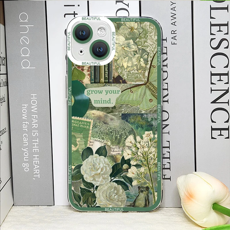 Green Retro Flower Stickers Phone Case for IPhone 16 11 12 13 Pro Max Mini 7 8 16 Plus SE20 X XS XR Soft TPU Clear Covers Fundas