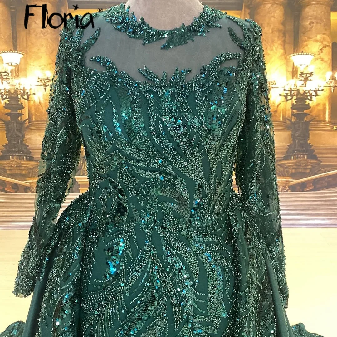 

Изумрудно-зеленое вечернее платье с прозрачным вырезом и длинными рукавами, роскошным съемным шлейфом, большие размеры, кружевное свадебное платье с бусинами, 2025 г., по индивидуальному заказу