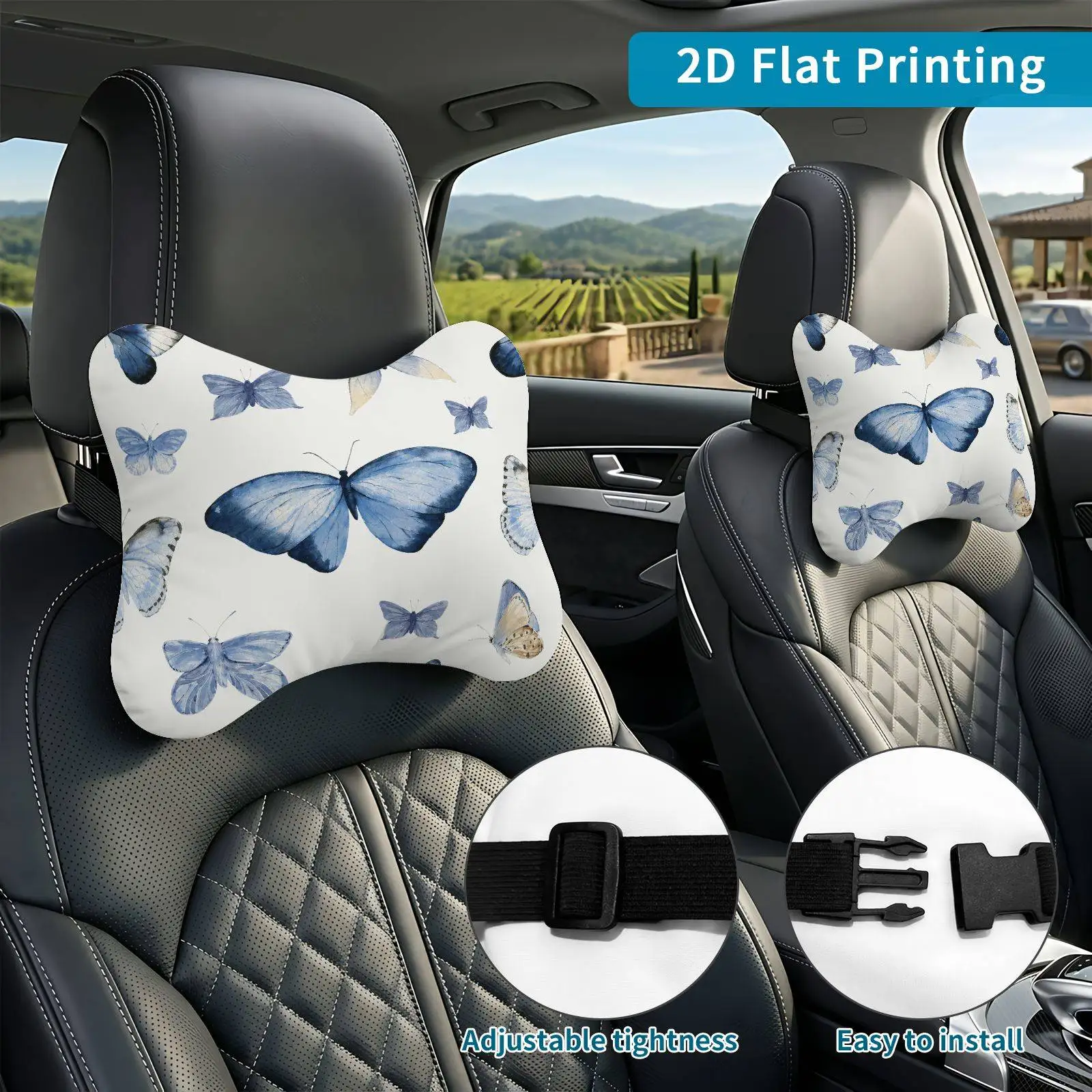 2pcs Butterfly Blue Pattern Car Seat Headrest, Neck Support Cushion, Suitable For All Seasons Of Car Additions, Butterfly Blue P