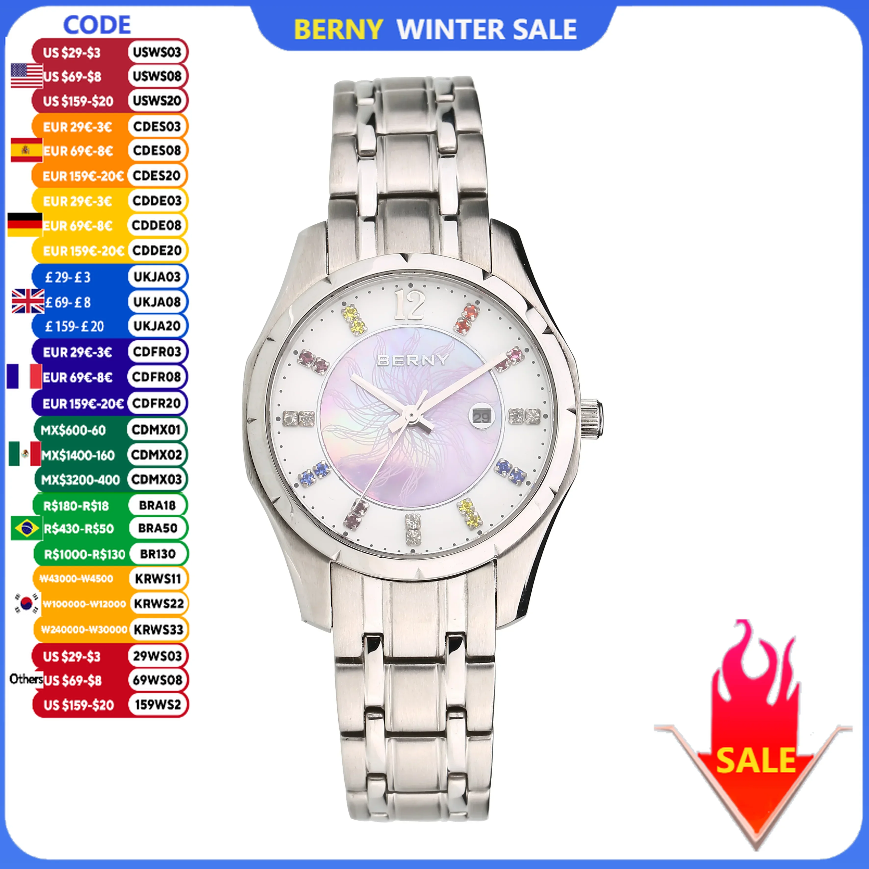 BERNY Watch for Women Fashion Casual Quartz Women's Wristwatch Sapphire Glass Colorful Dial Full Stainless Steel Ladies Watches